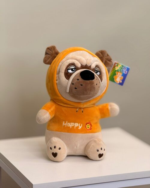 Мягкая игрушка" Мопс" в оранжевом костюмчике