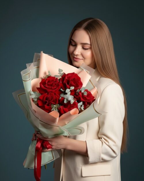 Комплимент из 5 французских роз в упаковке