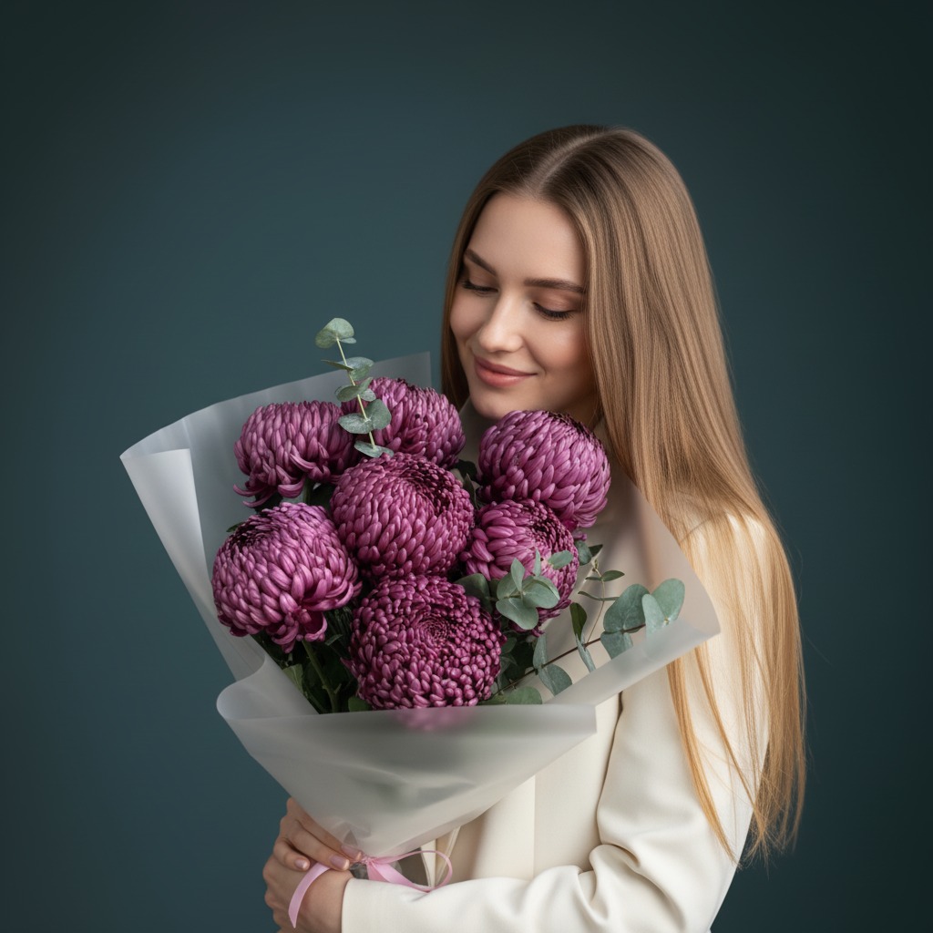 7 хризантем "Бигуди" в упаковке