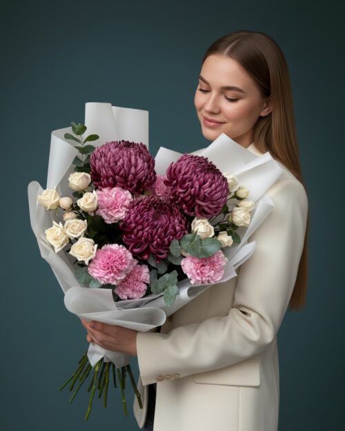 Сборный букет с хризантемой "Бигуди", диантусом и кустовой розой