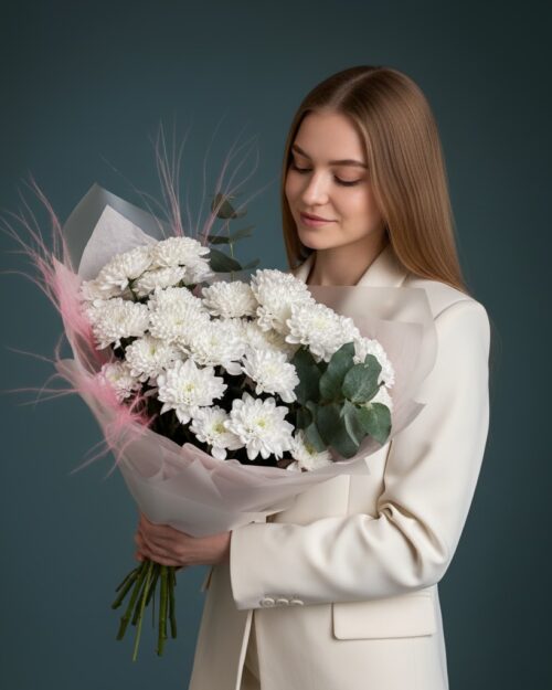 Букет из 5 кустовых хризантем со стифой