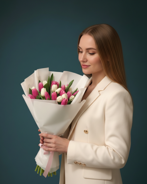 Бело-розовый микс из 25 тюльпанов