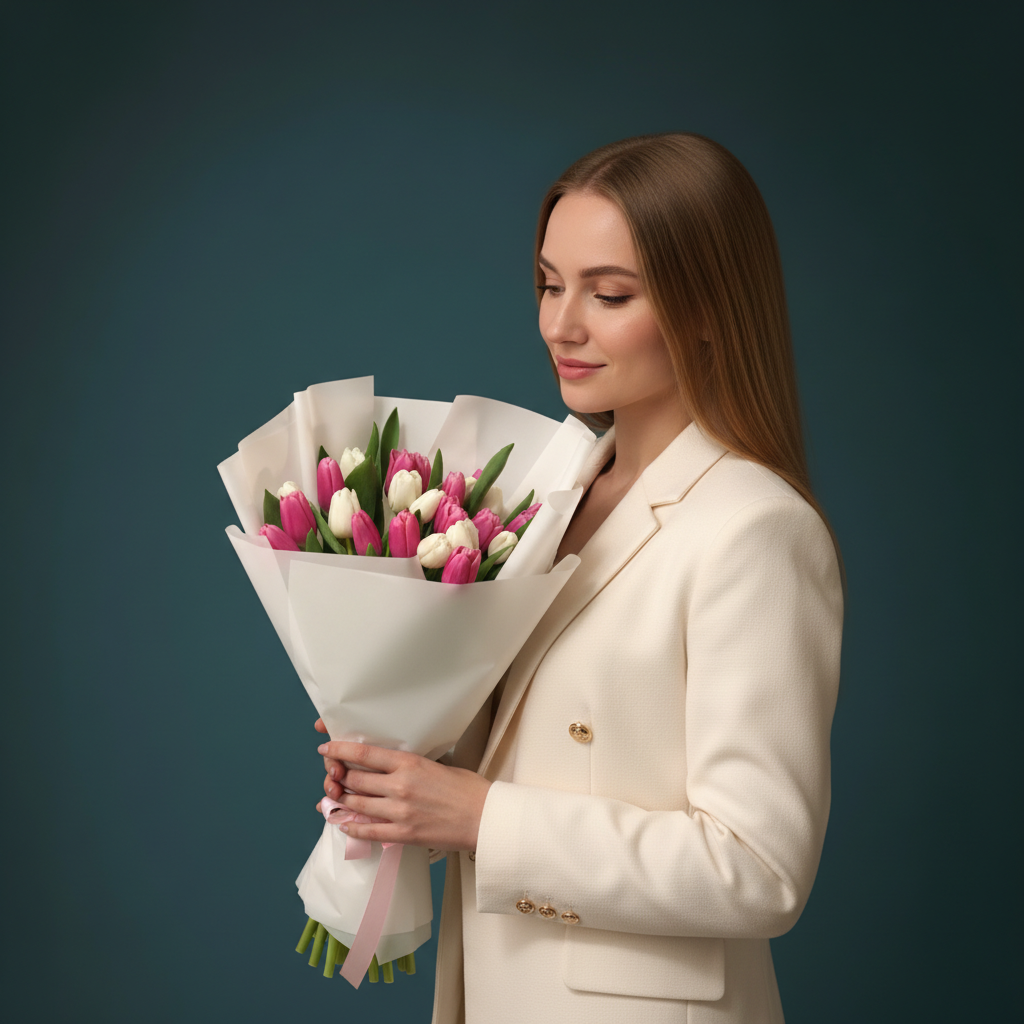 Бело-розовый микс из 25 тюльпанов