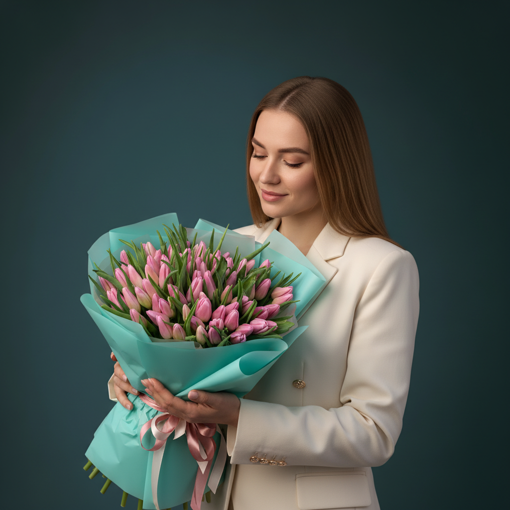 Букет из 65 розовых тюльпанов «Конфетка»